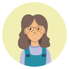 Smiling curly girl in glasses for vision correction. Cheerful cartoon character. Woman in overalls. Caucasian woman avatar. Vector flat illustration.Optics concept. Casual style.