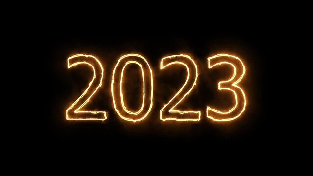 Happy New Year. orange neon fiery light sign background, flame glowing flashing 2023 neon text background, new year concept, animation. Warm background