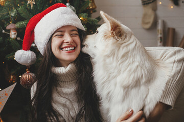 Merry Christmas! Happy woman in santa hat hugging cute dog at stylish christmas tree. Pet and winter holidays. Adorable funny white danish spitz dog playing with owner in festive room