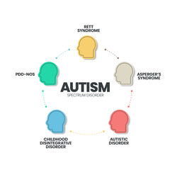 Naklejka premium Autism spectrum disorder (ASD) infographic presentation template with icons has 5 steps such as Rett syndrome, Asperger's syndrome, PDD-NOS, Autistic disorder and childhood disorder. Diagram vector.