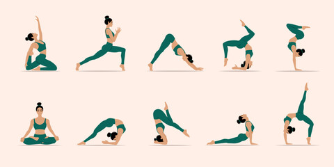 Fototapeta na wymiar Slim sportive young woman doing yoga exercises. Women silhouettes and collection of different yoga poses. Asana set.