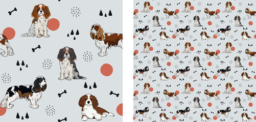 Seamless dog pattern, winter Christmas texture. Square format, t-shirt, poster, packaging, textile, socks, textile, fabric, decoration, wrapping paper. Trendy hand-drawn Cavalier King Charles Spaniel. - obrazy, fototapety, plakaty