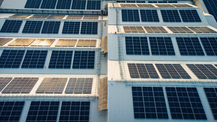 Fototapeta premium Footage over Solar cell on the roof of a large industrial factory. Solar roofs are generating renewable energy for the industry. The goal is to reduce the cost of electricity.