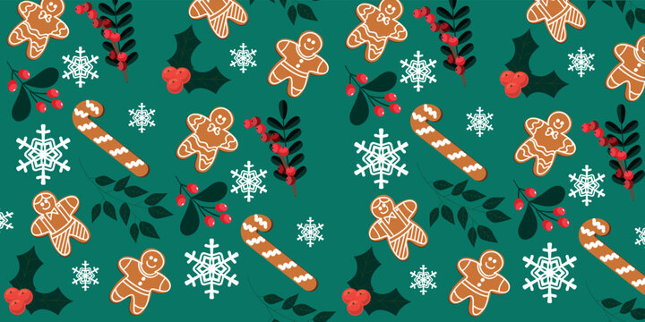 Gingerbread cookies with snowflakes and mistletoe on green background. Pattern for design