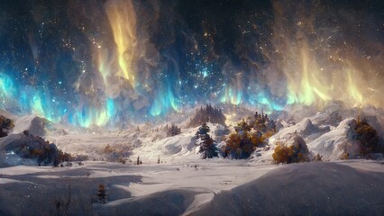 Magical golden blue lights Aurora Borealis (The Northern Lights) over the snow covered landscape 