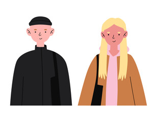 Young girl and boy in warm clothes and hat. Autumn and winter street style. Generation Z character. Modern fashion outfit.