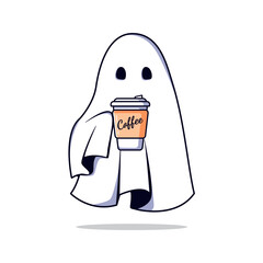 Kawaii ghost drinking coffee cup. Happy Halloween. Cute cartoon spooky character. Vector illustration