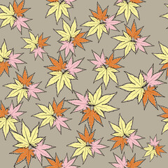 Abstract seamless vector pattern, colored maple leaves in yellow, pink and orange tones on a beige background.
