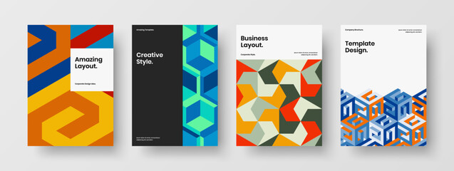 Trendy mosaic hexagons leaflet illustration set. Abstract company identity A4 vector design concept bundle.