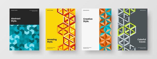 Premium poster design vector concept collection. Multicolored geometric hexagons cover template bundle.