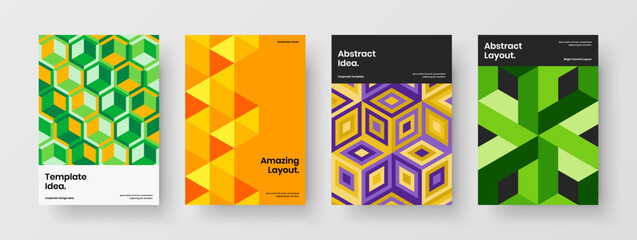 Fototapeta premium Multicolored mosaic shapes front page concept bundle. Clean pamphlet A4 vector design layout composition.