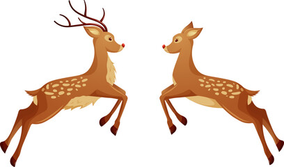 Fototapeta na wymiar Pair of Christmas reindeer, male and female deer in cartoon style isolated