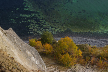 Aerial view from the chalk cliffs of Møns Klint in autumn.