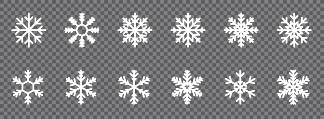 White snowflake icon set on transparent background. Vector EPS 10