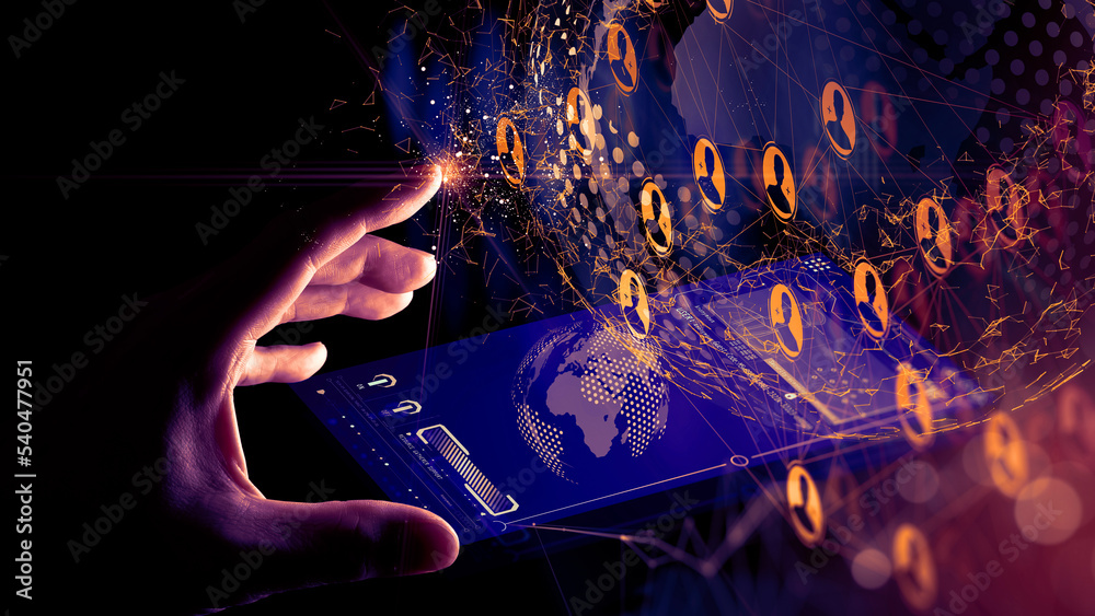 Aufkleber Business hand reaching global structure network and data exchanges customer connection with new virtual smart phone interface