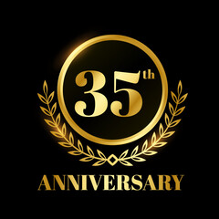 Golden badge circle wedding anniversary labels celebration number with cotton ribbon 35 years