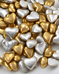 3D illustration ,3D rendering ,Lots of heart-shaped gold and platinum pebble