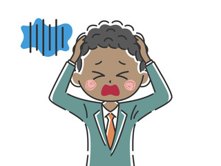 頭を抱えて悩む、黒人ビジネスマンのイラスト