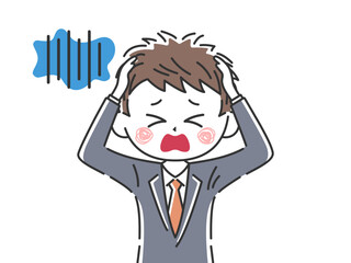 頭を抱えて悩む、若いビジネスマンのイラスト