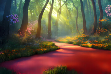 sunrise in the fantasy forest digital art illustration