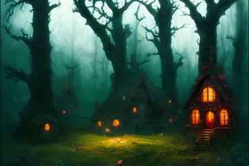 Fototapeta na wymiar spooky huts in the dark fantasy forest digital art illustration