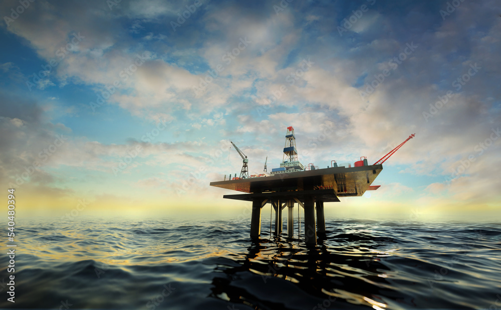 Wall mural oil platform at the sea during sunset. . offshore oil rig, drilling rig, jack up rig, oil and gas cr