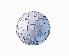 Tech ball, abstract meta ball, ball made of computer chips, technology background. Futuristic sci-fi ball, made of lots computer chips. Abstract technology background. 3D