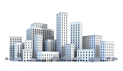3d rendering illustration of beautiful city buildings. Banks, offices, residential buildings with apartments. City lifestyle, modern town	
