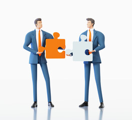 Successful business people work with puzzle pieces. Finding solution, working together, support, thinking out of box idea. 3D rendering illustration