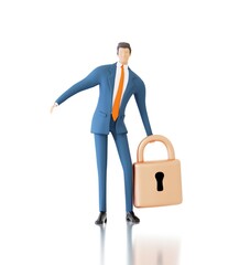Successful businessman caring heavy golden lock. Security and data protection, safe, support, control idea. 3D rendering illustration