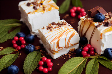 panna cotta cheesecake slices, with chocolate crumbles, berries and mint leaves decorations
