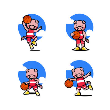 Set of happy cute pig playing basketball