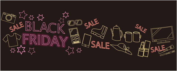 Black Friday concept neon lettering graphic illustration. Black Friday sale decoration background. Vector illustration. Neon sigh graphic for Black Friday promotion.