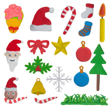 set of Christmas item or object made from colorful plasticine on white background