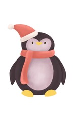 Illustration of a cute penguin in a hat. Image on a New Year and Christmas card, sticker, print.