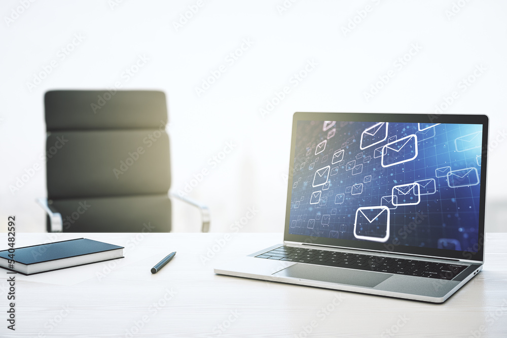 Poster Creative abstract postal envelopes hologram on modern computer monitor, email and notification concept. 3D Rendering