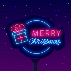 Fototapeta premium Merry Christmas neon street billboard. Light lettering. Gift in circle frame. Luminous advertising. Vector illustration