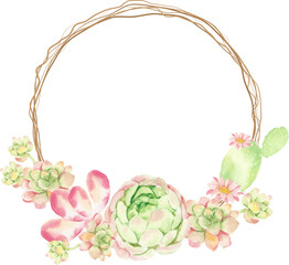 watercolor cactus and succulent bouquet arrangement on dry twig wreath frame