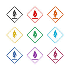 Flammable materials warning icon isolated on white background. Set icons colorful