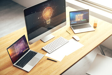 Creative idea concept with light bulb illustration on modern laptop screen. 3D Rendering