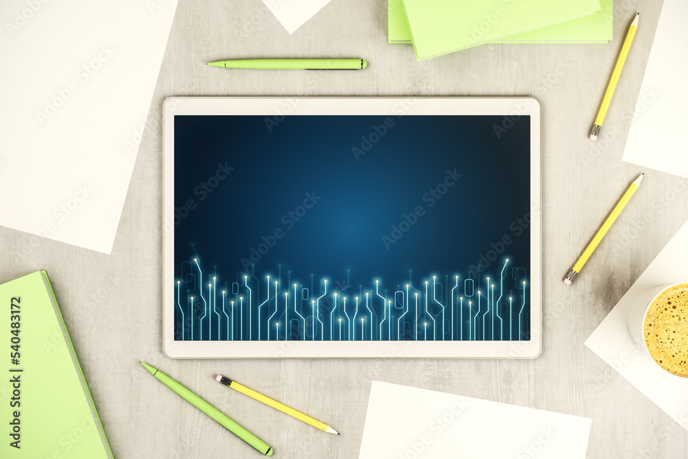 Poster top view of modern digital tablet monitor with circuit hologram. research and development hardware c