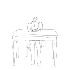 One depression girl is sitting face down at the table isolated vector illustration in single line drawing style.Alone Teenager is tried and be absent-minded vector continue line concept healthcare.