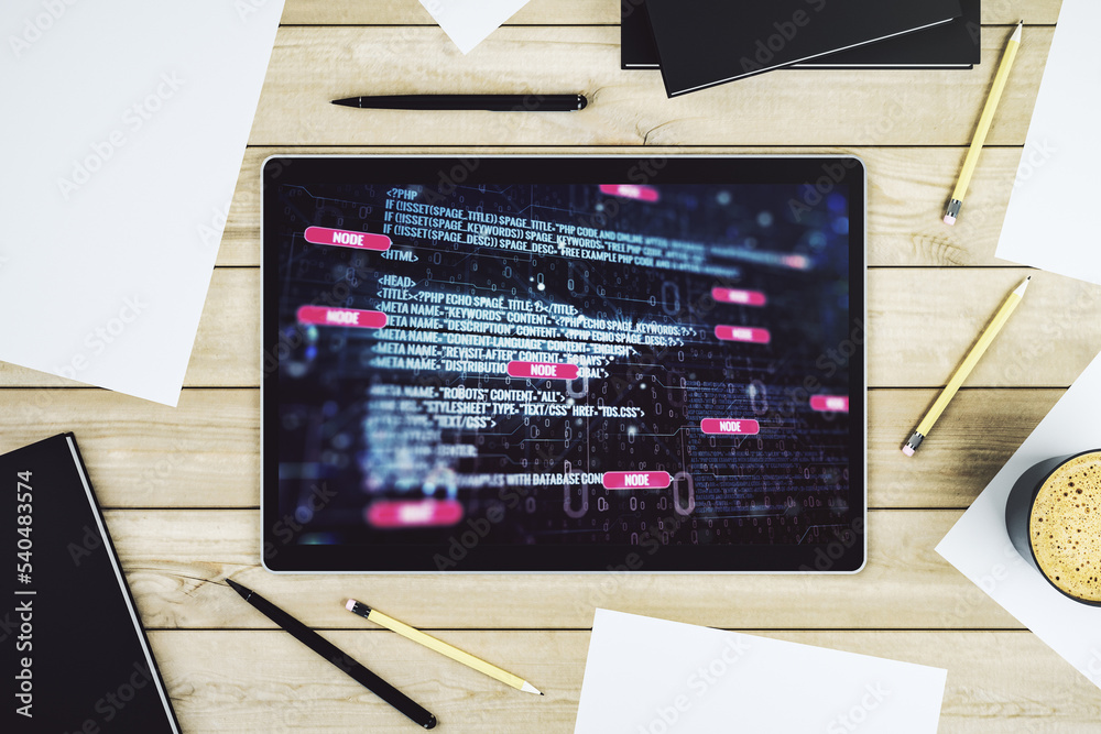 Fototapete abstract creative coding illustration on modern digital tablet display, software development concept
