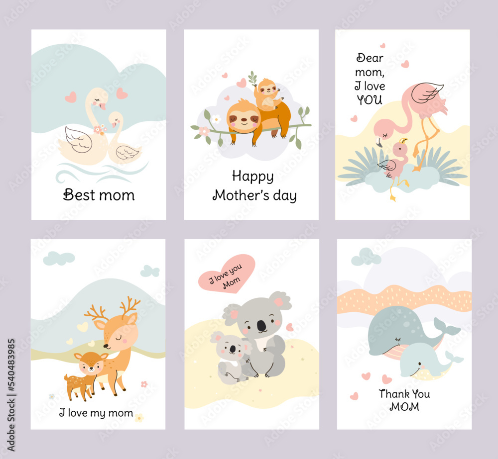 Wall mural Cute animal mother day cards. Cubs and mummy, baby animals love mom. Female fauna characters, funny sloth koala swan. Nowaday childish vector set