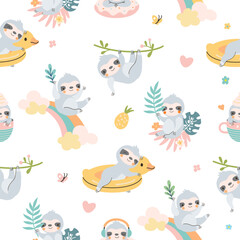 Lazy cartoon sloth seamless pattern. Sloths textile prints, sleeping exotic wild animal. Cute childish nowaday characters on rainbow and tree, vector background