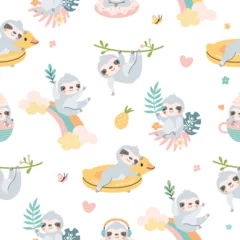 Fotobehang Lazy cartoon sloth seamless pattern. Sloths textile prints, sleeping exotic wild animal. Cute childish nowaday characters on rainbow and tree, vector background © MicroOne