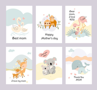 Cute animal mother day cards. Cubs and mummy, baby animals love mom. Female fauna characters, funny sloth koala swan. Nowaday childish vector set