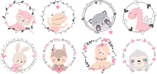 Cartoon animals in love frames with hearts, arrows and plants. Valentines day decorative elements. Cute romantic nowaday vector decorations © MicroOne