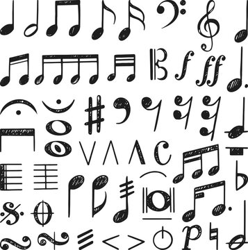 Musical notes sketch collection. Doodle note, music kids ink drawing. Vintage sing and scribble melody sign. Textured neoteric song vector elements