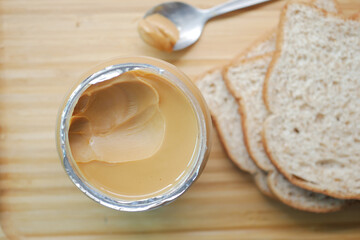 top view of peanut butter in a container ,